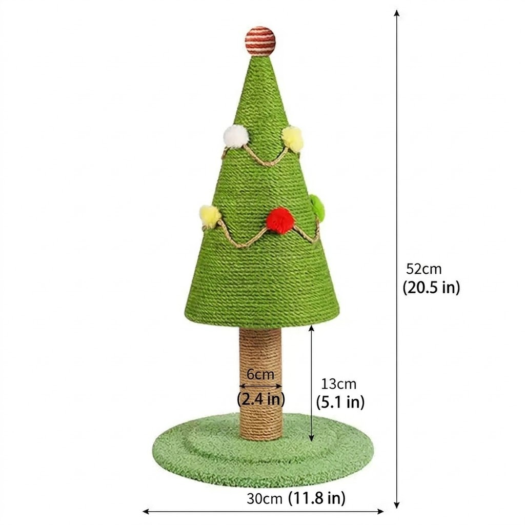 Green Christmas tree cat scratcher with a sisal-wrapped cone body, decorated with colorful pom-poms, a striped topper, and a round sisal post on a textured green base. Measurement labels show the full height of 52cm, base diameter of 30cm, post height of 13cm, and post width of 6cm.