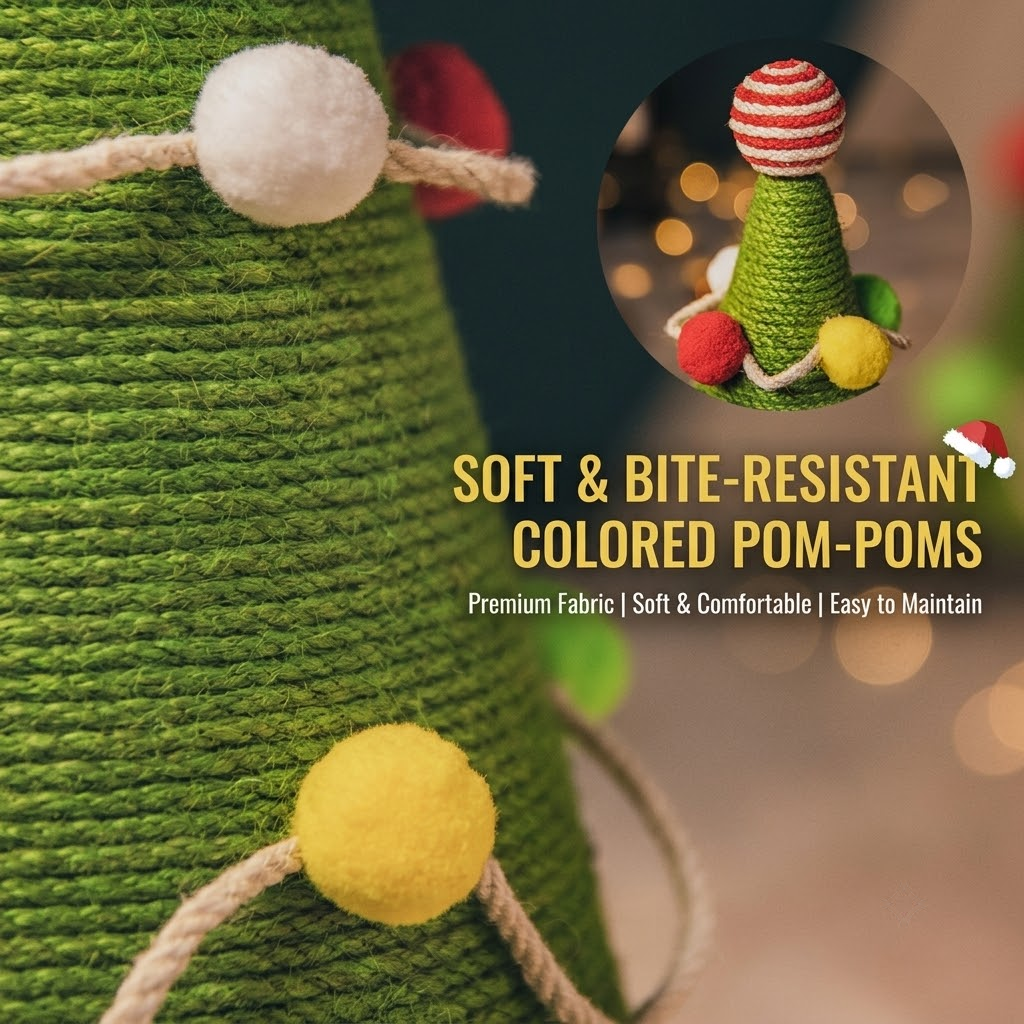 A close-up of a green cone-shaped cat scratcher wrapped in textured material and decorated with beige rope and colorful pom-poms, including a yellow pom-pom near the bottom. A circular inset shows a small wrapped Christmas tree with red, yellow, green, and white pom-poms.