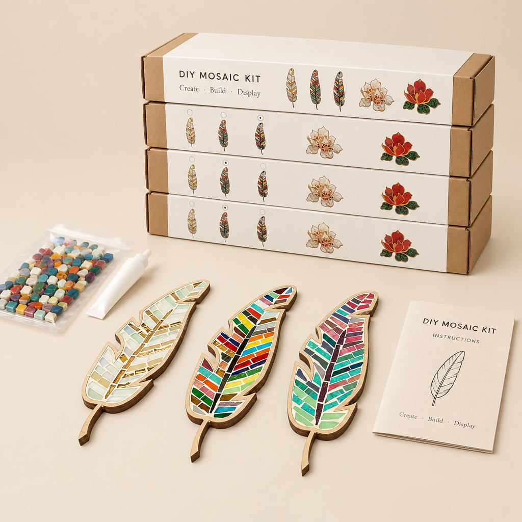 DIY mosaic kit set arranged on a warm beige studio background, including three completed feather mosaic pieces in gold, red, blue, green, and multicolor patterns, stacked white and kraft paper boxes labeled DIY Mosaïc Kit, a small bag of colorful mosaic pieces, a white spatula, and a printed instruction booklet.