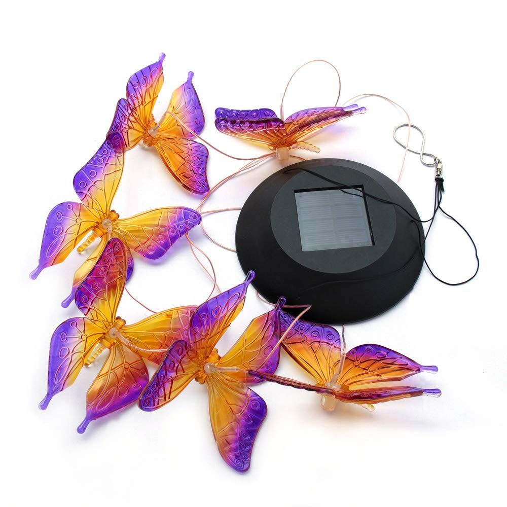 Solar-powered butterfly string lights with six purple and orange glowing butterflies attached to a round black solar panel, shown on a white background.
