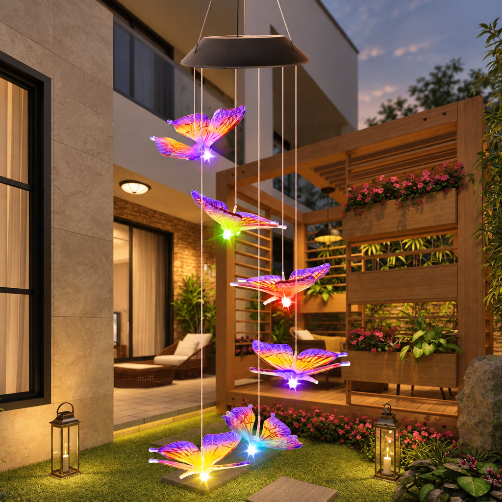 A hanging wind spinner garden light featuring five colorful butterfly-shaped blades that glow with purple, pink, orange, and blue lights, suspended in a modern outdoor patio courtyard at night.