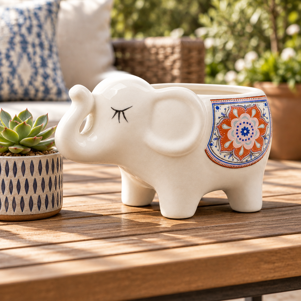 Planter | Ceramic Elephant Succulent Planter Pot | White