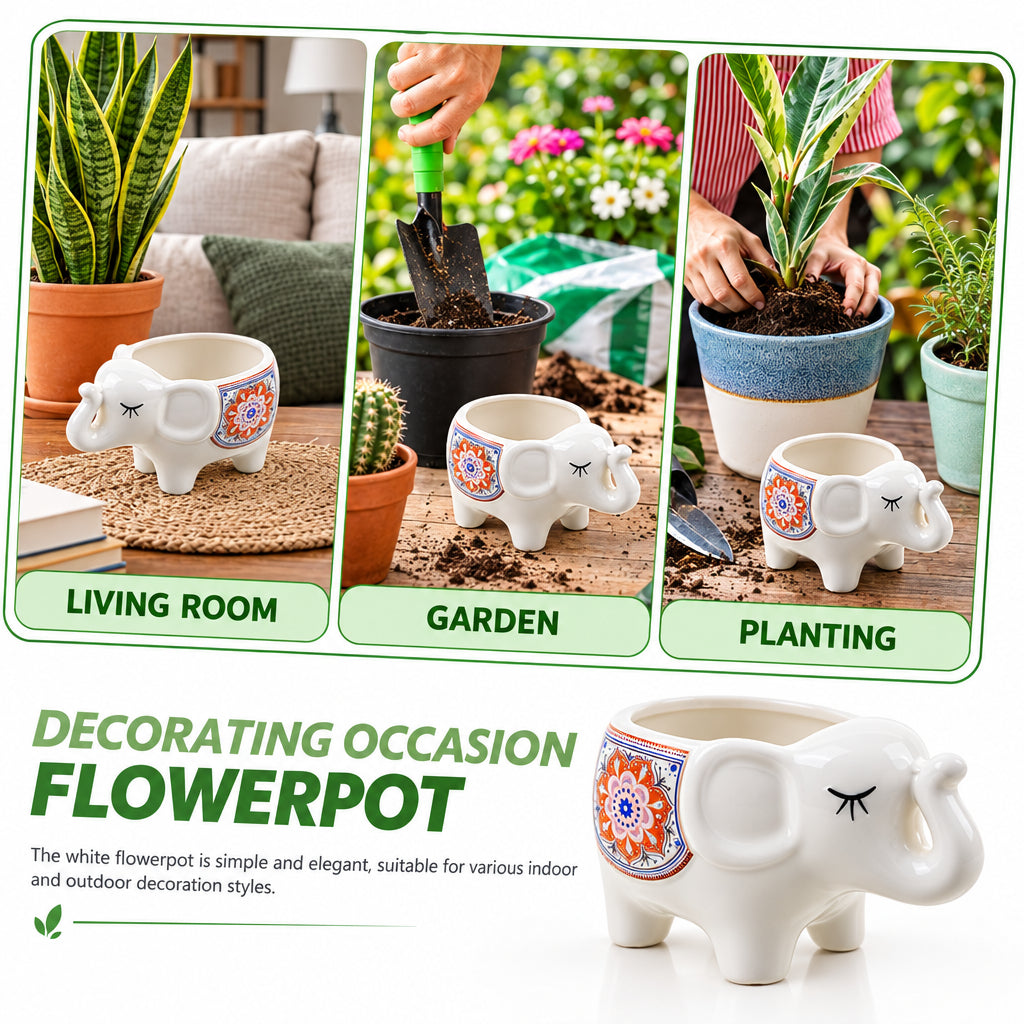 A white ceramic elephant-shaped flowerpot with colorful mandala-style decorative patterns on its ears, shown in a promotional layout with three lifestyle panels demonstrating use in living rooms, gardens, and planting. Text below reads 'DECORATING OCCASION FLOWERPOT'.