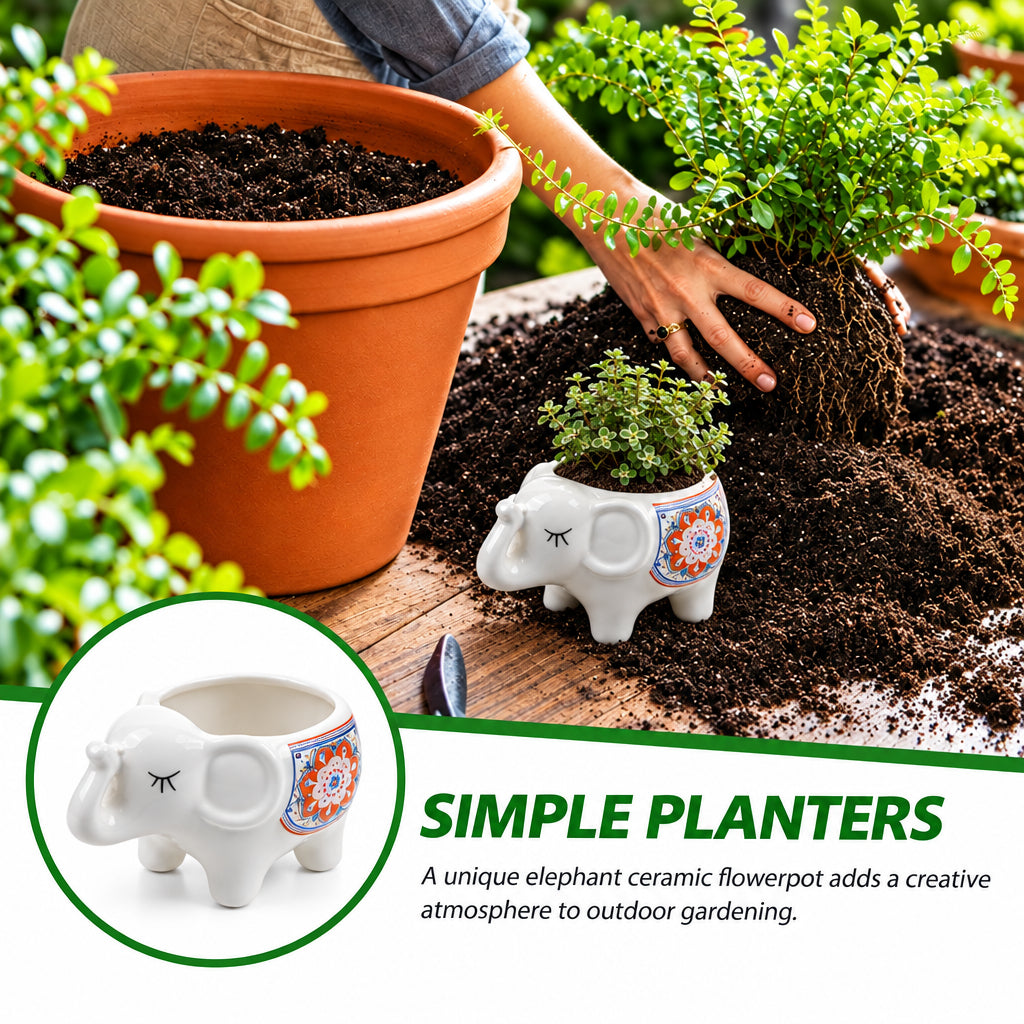 A white elephant-shaped ceramic flowerpot with colorful mandala-style patterns on its side, shown in a gardening scene with soil, plants, and a hand planting. The image includes a circular inset of the pot alone and text reading 'SIMPLE PLANTERS'.
