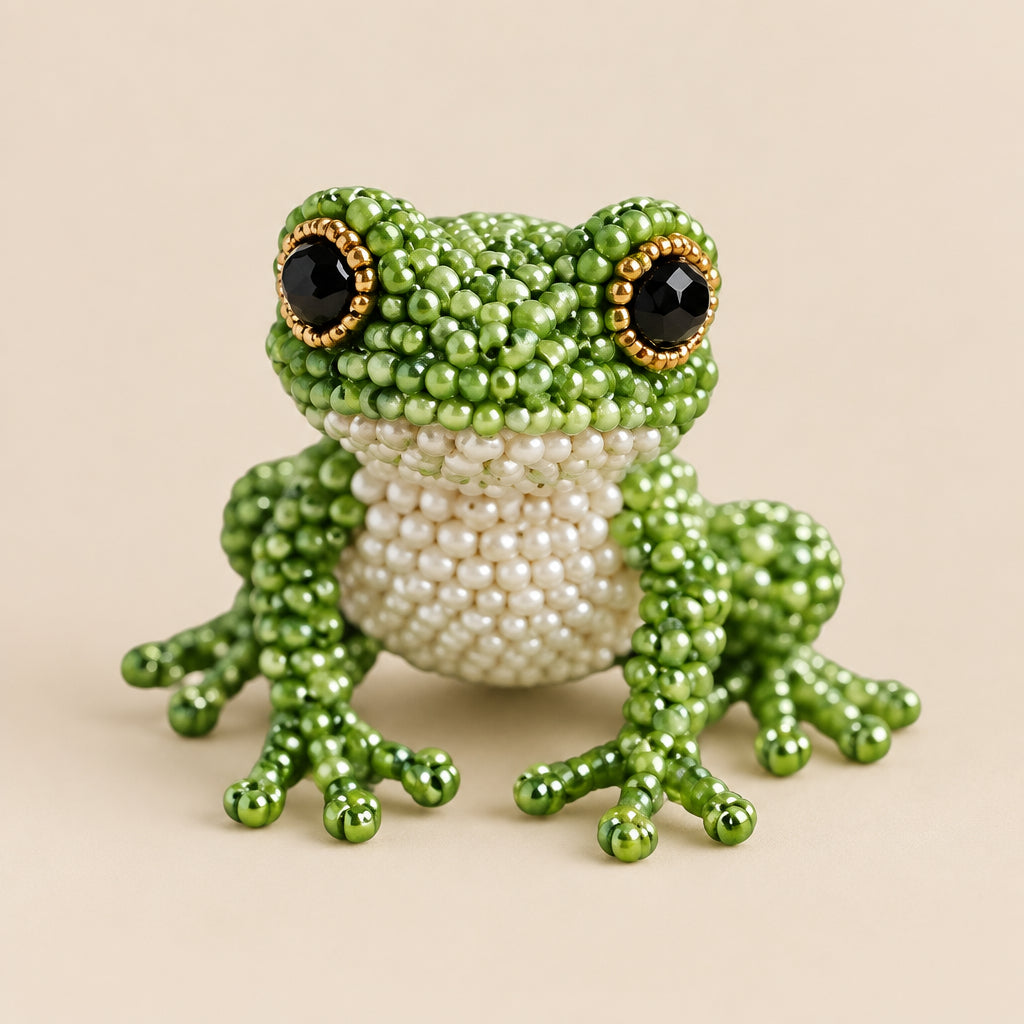 A green beaded frog figurine with textured green beads, a white beaded chest, and large black eyes with gold-rimmed highlights, shown on a plain white background.
