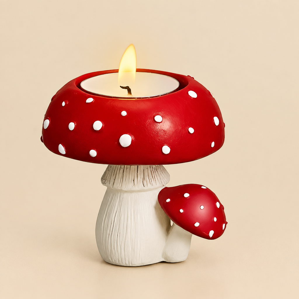 A mushroom-shaped candle holder with a red cap, white spots, and a white stem, holding a lit tealight candle. A smaller matching mushroom sits beside it on a clean white background.