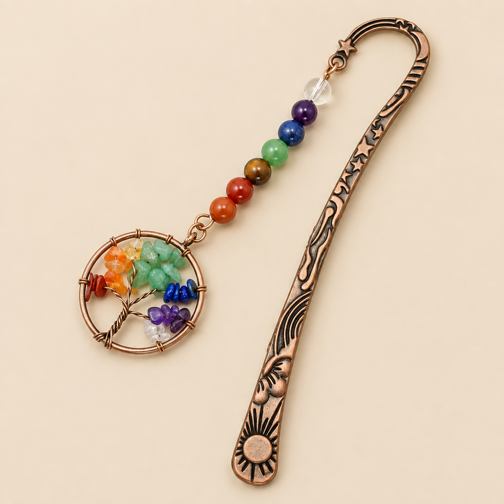 An ornate copper-toned metal bookmark with engraved floral and sun motifs, featuring a dangling chakra tree charm made of multicolored gemstone beads on a white background.