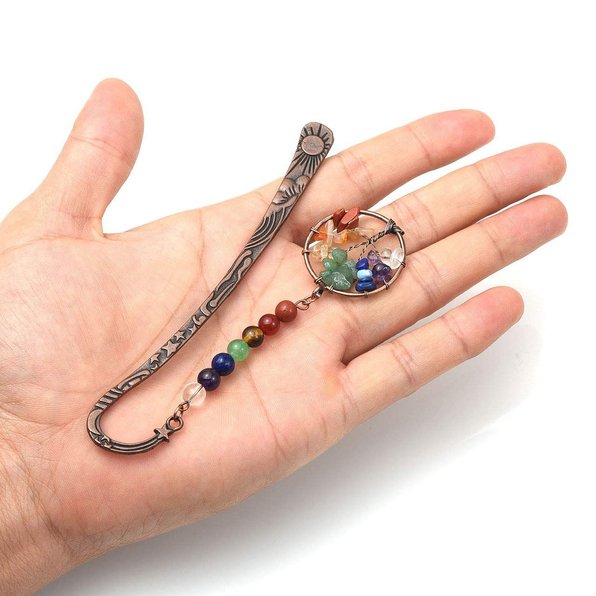 Bookmark | Tree of Life Bookmark | 7 Chakra Crystals Healing Stone Beaded Tree Bookmark | Star Sun Moon Bookmark | Bronze