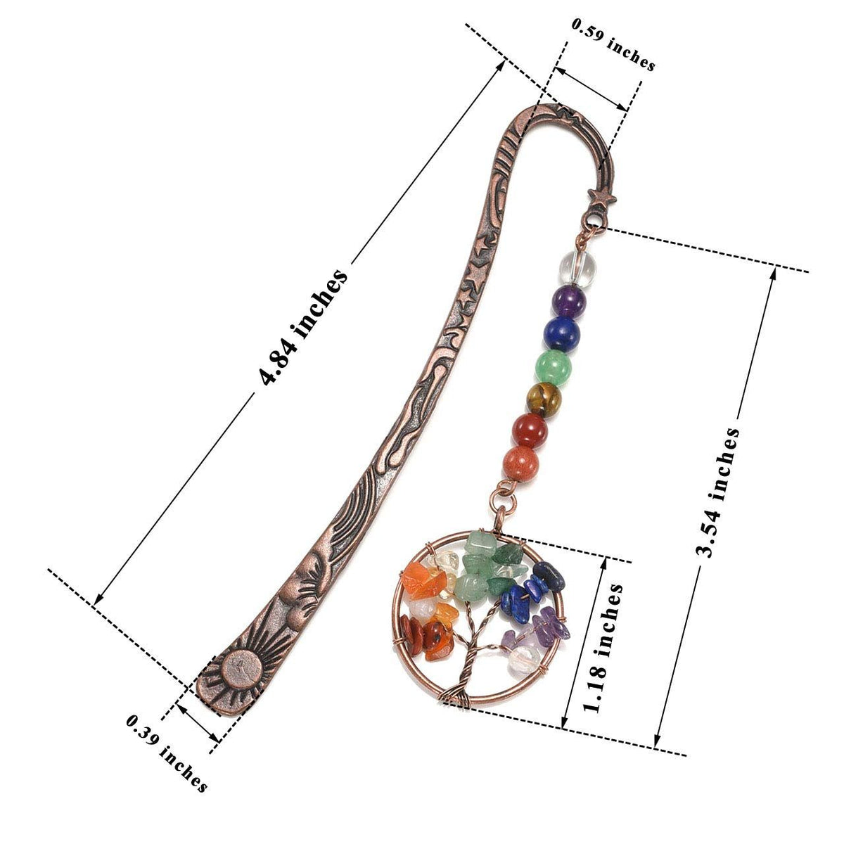Bookmark | Tree of Life Bookmark | 7 Chakra Crystals Healing Stone Beaded Tree Bookmark | Star Sun Moon Bookmark | Bronze