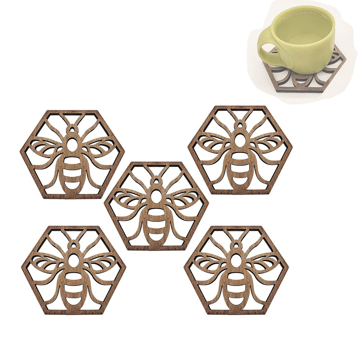 Coaster | 5Pcs Drink Coasters | Honeycomb Wooden Coasters | Wood