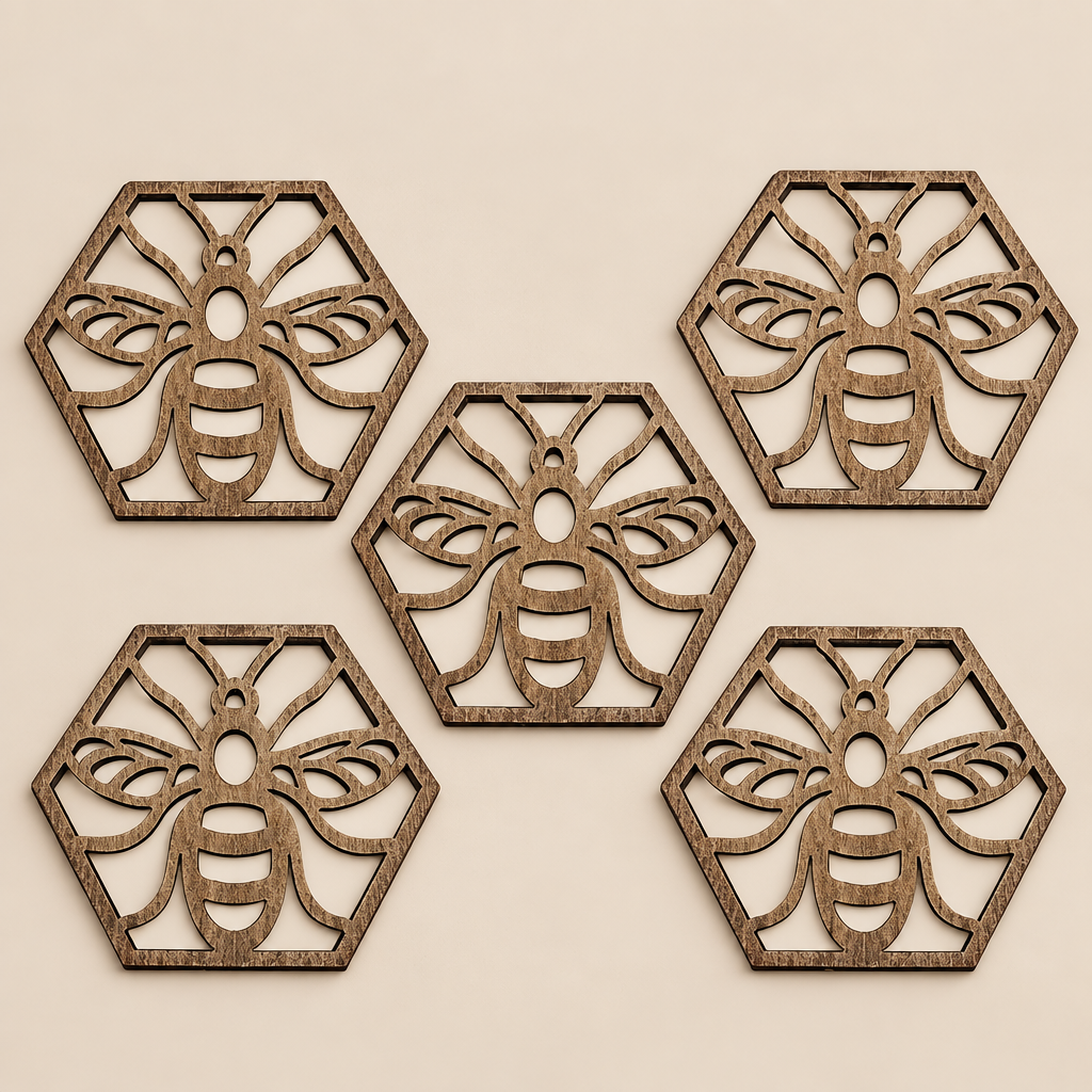 Five laser-cut wooden bee ornaments in a hexagonal shape, displayed on a clean white background with a '5PCS' text overlay in the top left corner.
