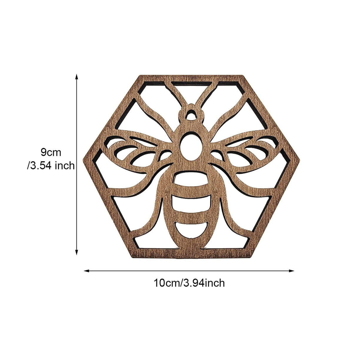 A hexagonal wooden cutout with a stylized bee design, shown with dimension labels indicating 9 cm height and 10 cm width on a white background.