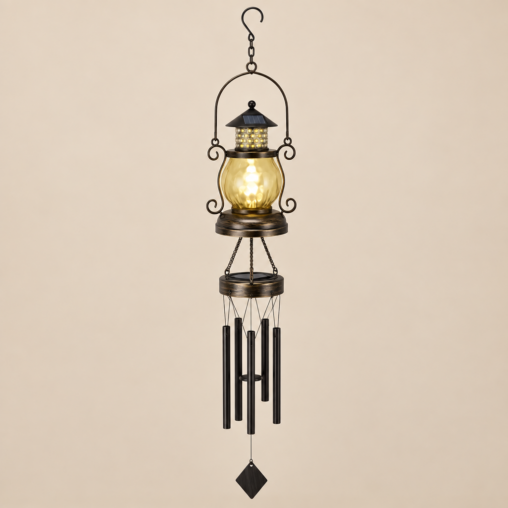 A hanging wind chime lantern with an antique bronze metal frame, a clear glass globe containing warm yellow light, and three vertical wind chime tubes below, shown against a solid beige background.