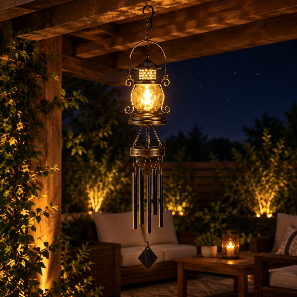 A hanging lantern-style wind chime with a warm glowing glass top and dark metal tubes below, suspended under a wooden patio cover at night with outdoor furniture and plants in the background.