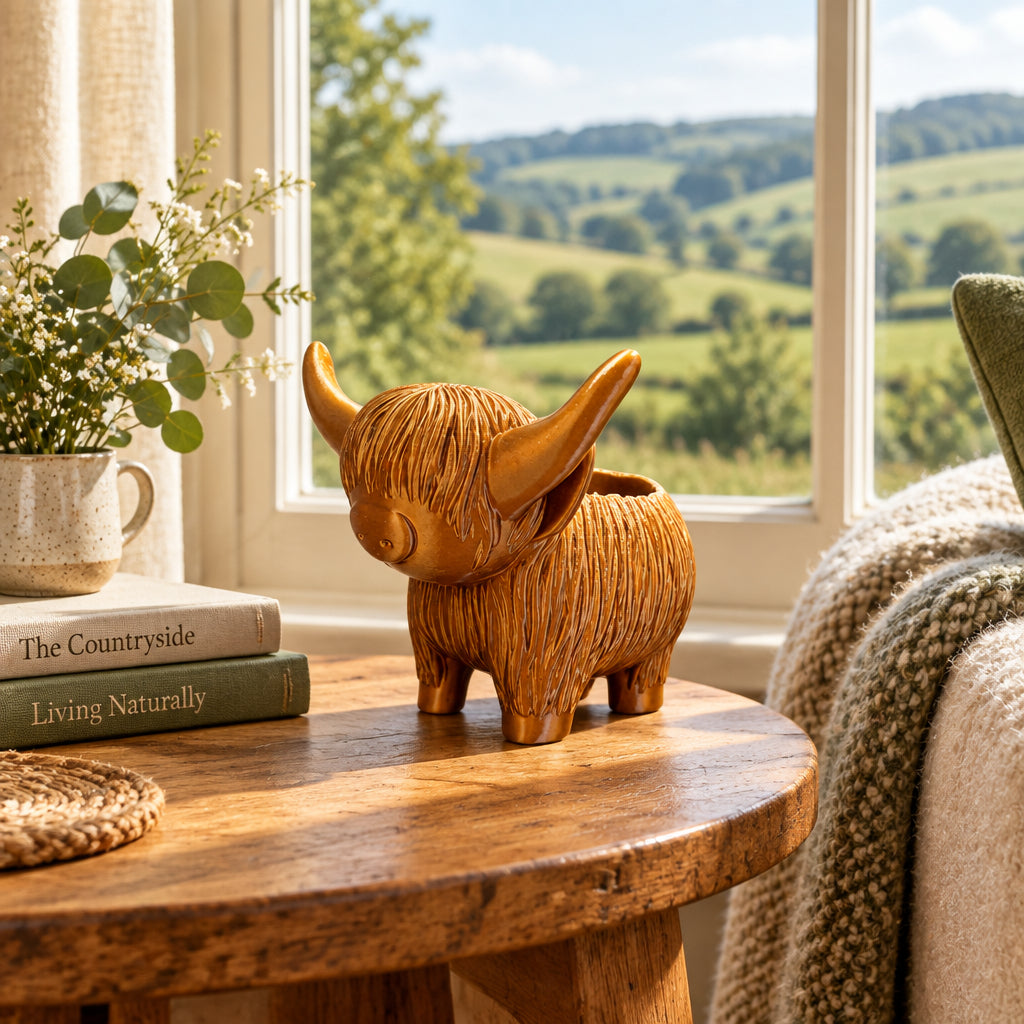 A decorative Highland cow figurine or planter made from a polished wooden block, featuring a warm golden-brown finish and textured grain details, set against a plain white background.
