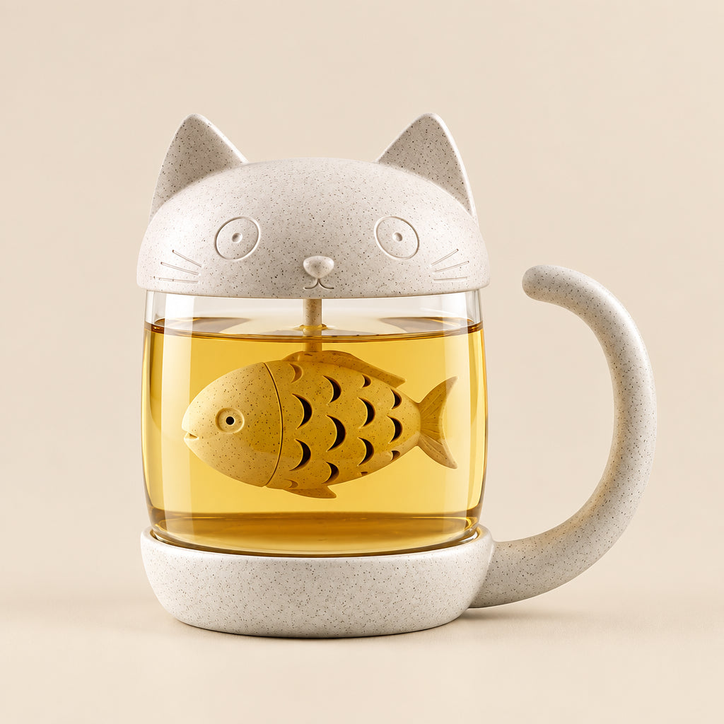 A cat-shaped glass tea cup with a white speckled cat head and handle, filled with amber tea and featuring a yellow fish-shaped tea infuser inside, shown on a plain white background.