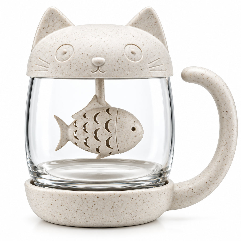 Tea Cup | Cat Glass Tea Mug with Fish Tea Infuser | White