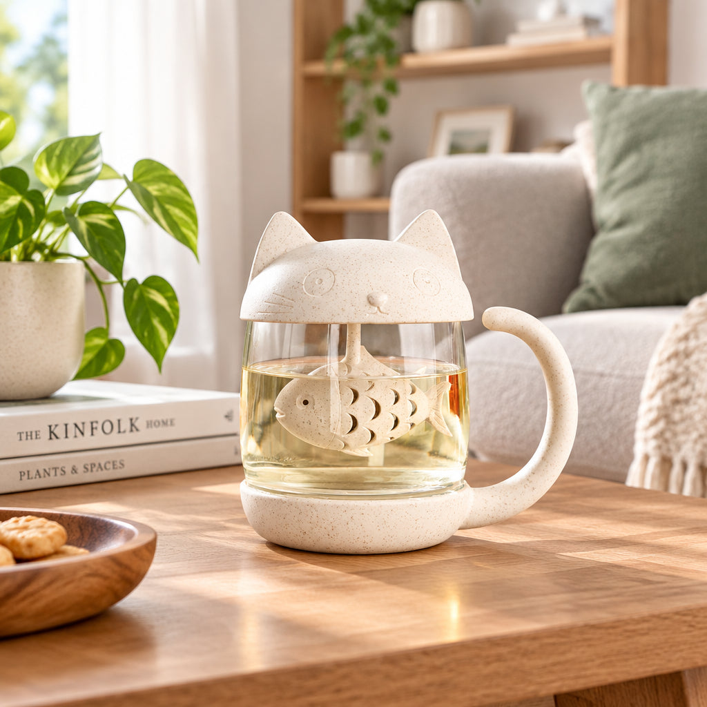 Cat-shaped glass mug with fish design on a dark background