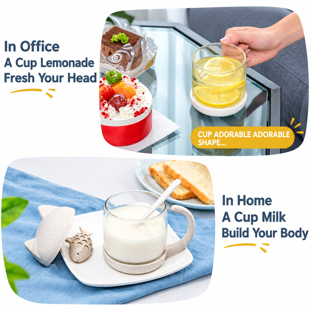 Promotional image of a glass cup with lemonade and milk, with text describing their benefits.