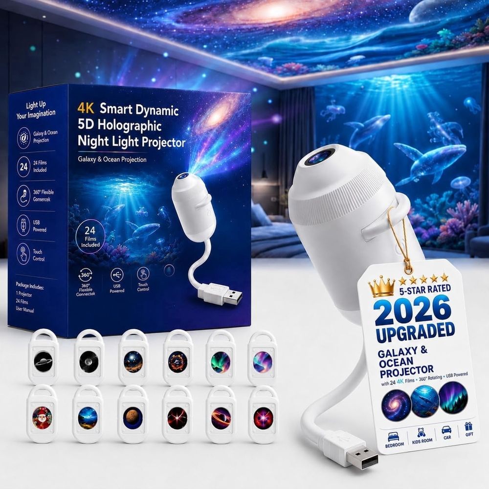 A 4K smart dynamic 5D holographic night light projector shown with its retail box, a white USB-connected projector body and cable, a hanging 2026 rating tag, and multiple sample galaxy and ocean projection images on a white surface. The background features a blue galaxy-themed room ceiling and aquarium scene.
