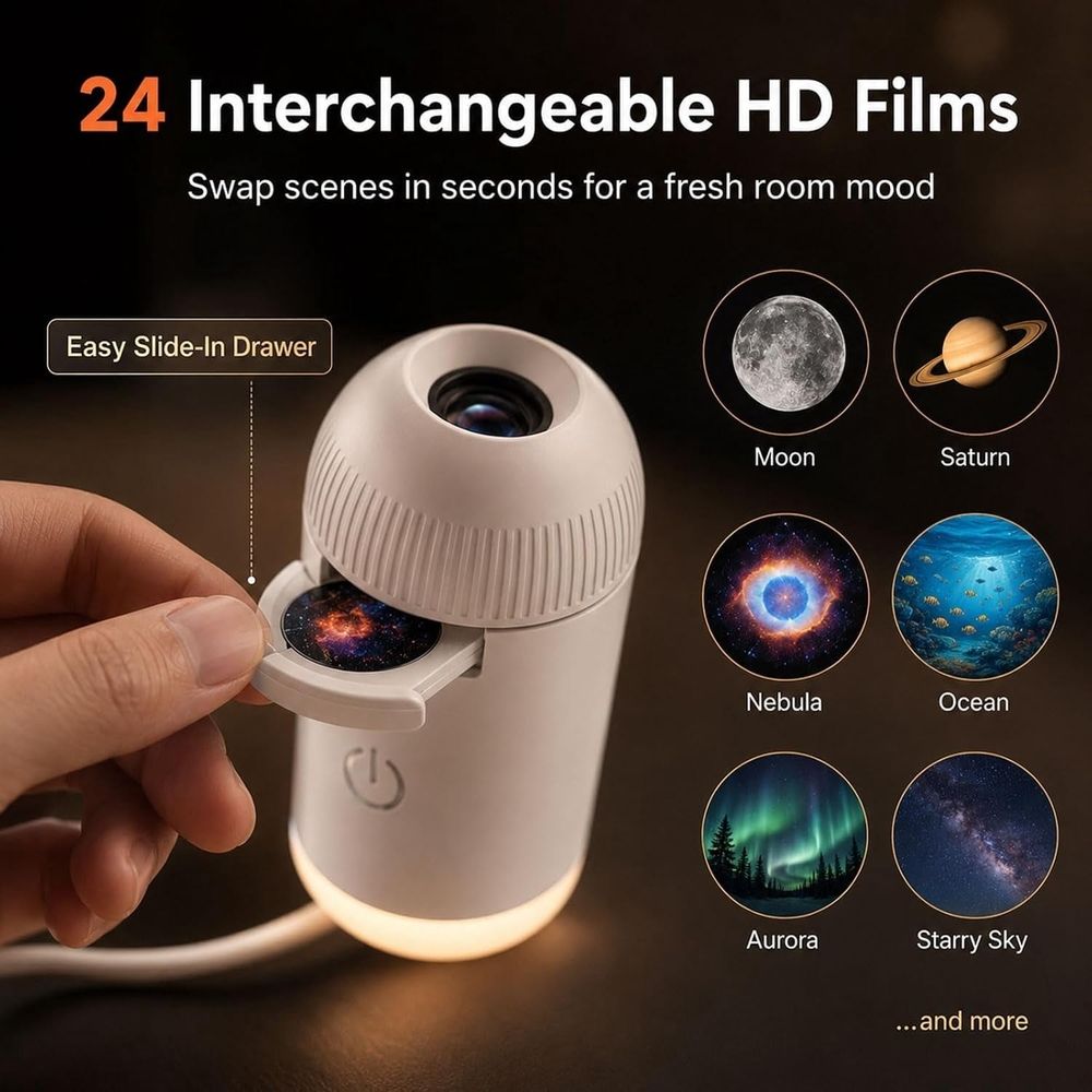 A handheld white projector or photo-slideshow device with a slide-out drawer being opened by a person's hand, shown on a dark background with marketing text reading '24 Interchangeable HD Films' and circular sample images for moon, Saturn, nebula, ocean, aurora, and starry sky.