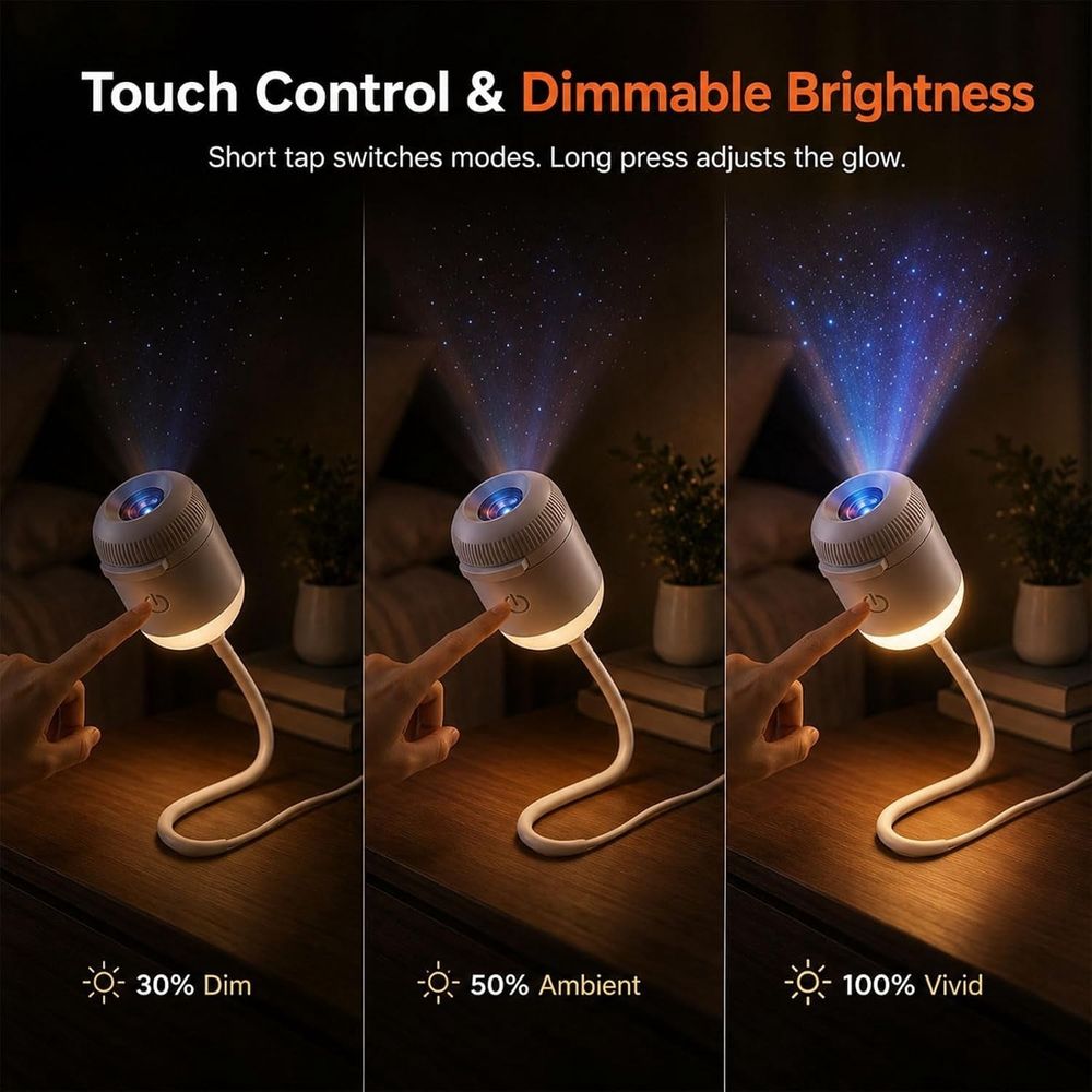 A three-panel demonstration of a small cylindrical projector lamp with a flexible cord, shown on a wooden table in a dim room. A hand touches the front to switch brightness levels, and blue starry light projects onto the wall above.