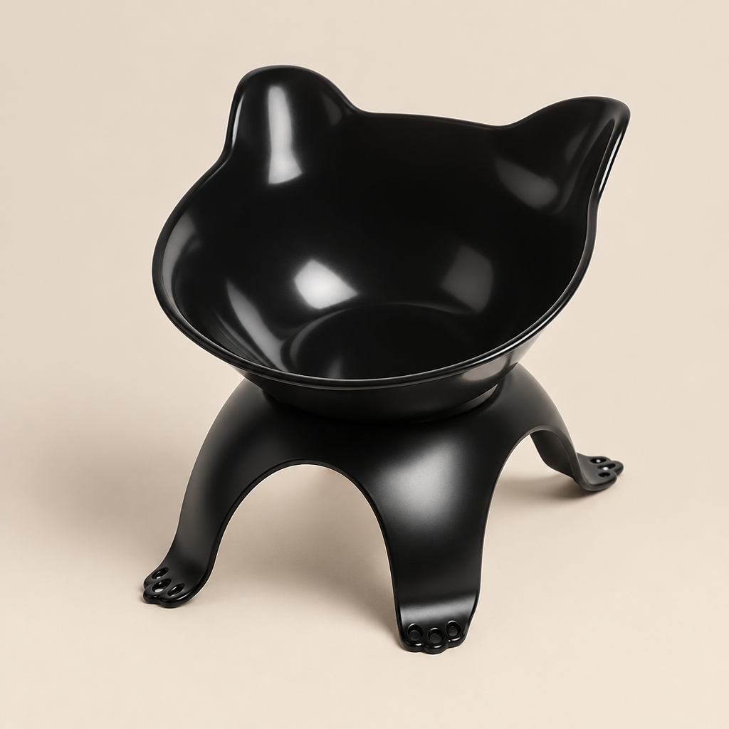 Pet Bowl | Cat Shaped Tilted Pet Feeder Bowl | Black