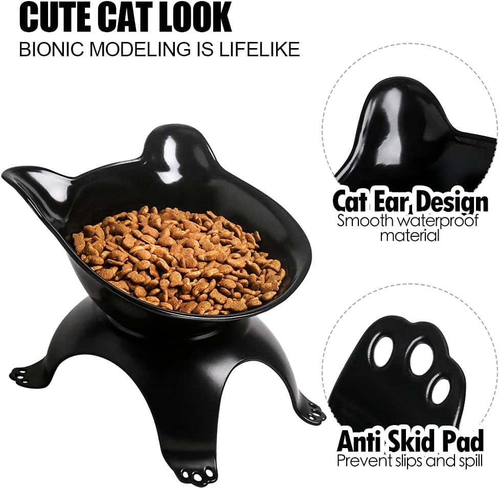 Pet Bowl | Cat Shaped Tilted Pet Feeder Bowl | Black