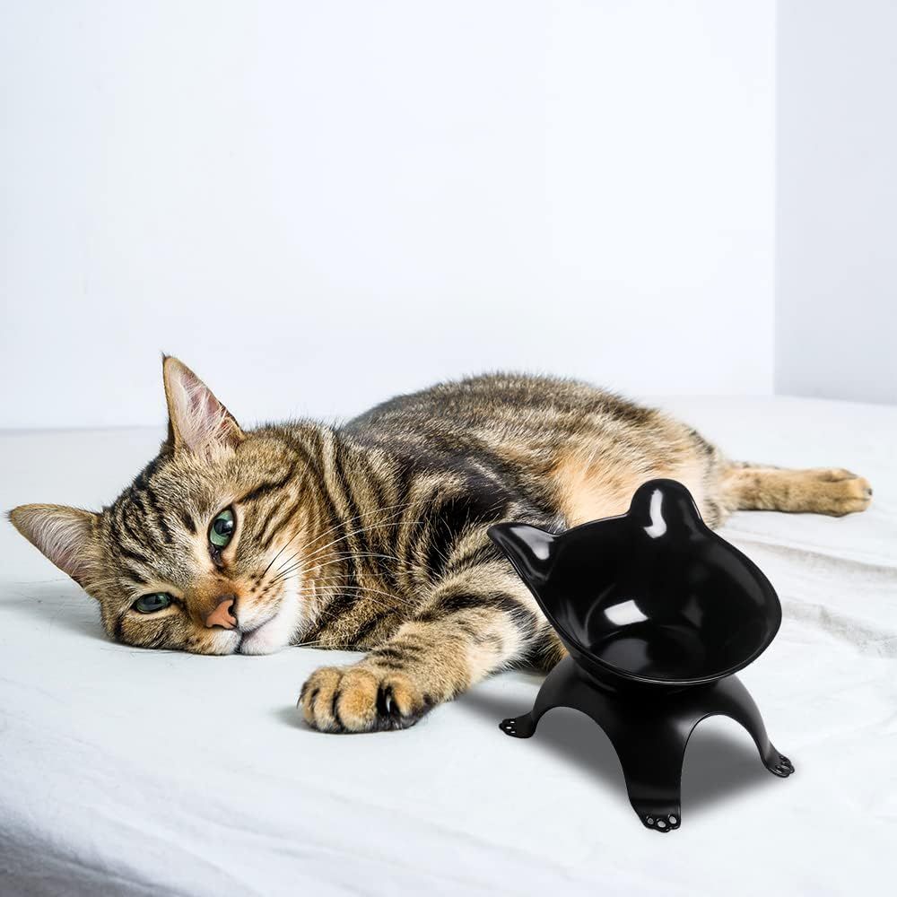 Pet Bowl | Cat Shaped Tilted Pet Feeder Bowl | Black