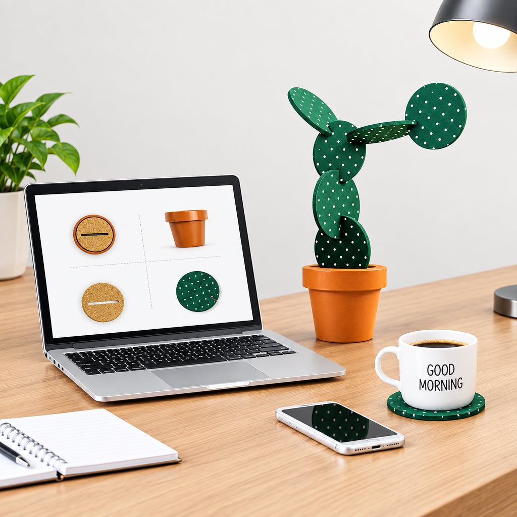 Laptop on a desk with a cactus plant, smartphone, and coffee mug.