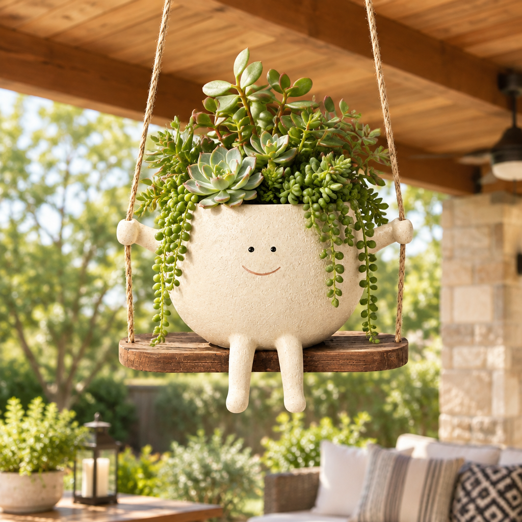 Planter | Hanging Face on Swing Succulent Pots Planter | White