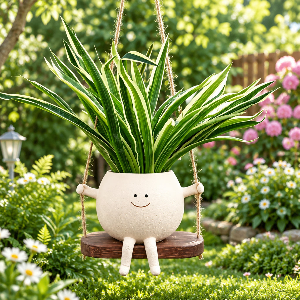 A smiling ceramic hanging planter with legs and arms sits on a wooden swing in an outdoor garden setting, holding a green and white variegated snake plant.