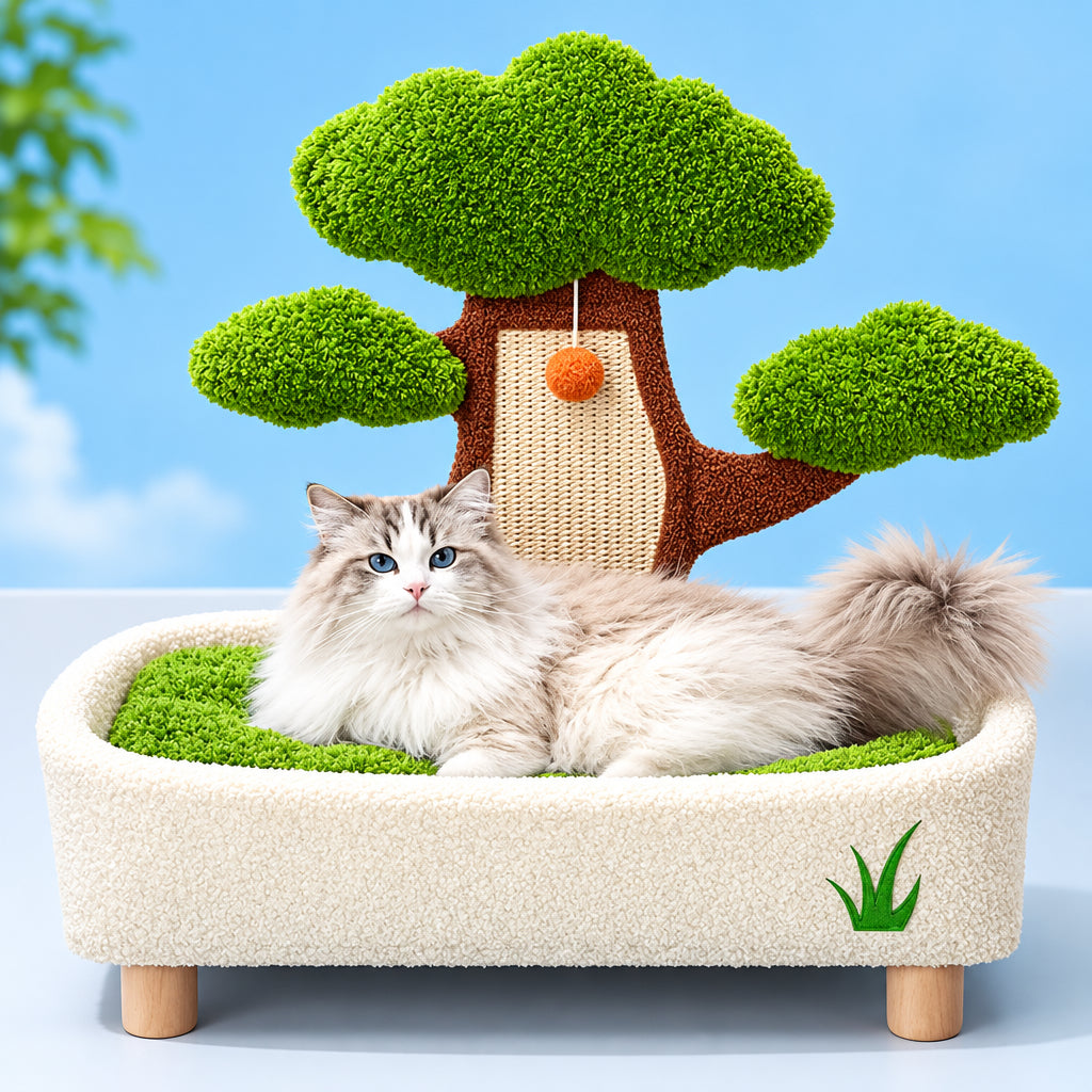A fluffy long-haired cat lies on a cream-colored pet bed with green cushioning, in front of a decorative tree-shaped scratching post. The background is a soft blue sky with clouds.