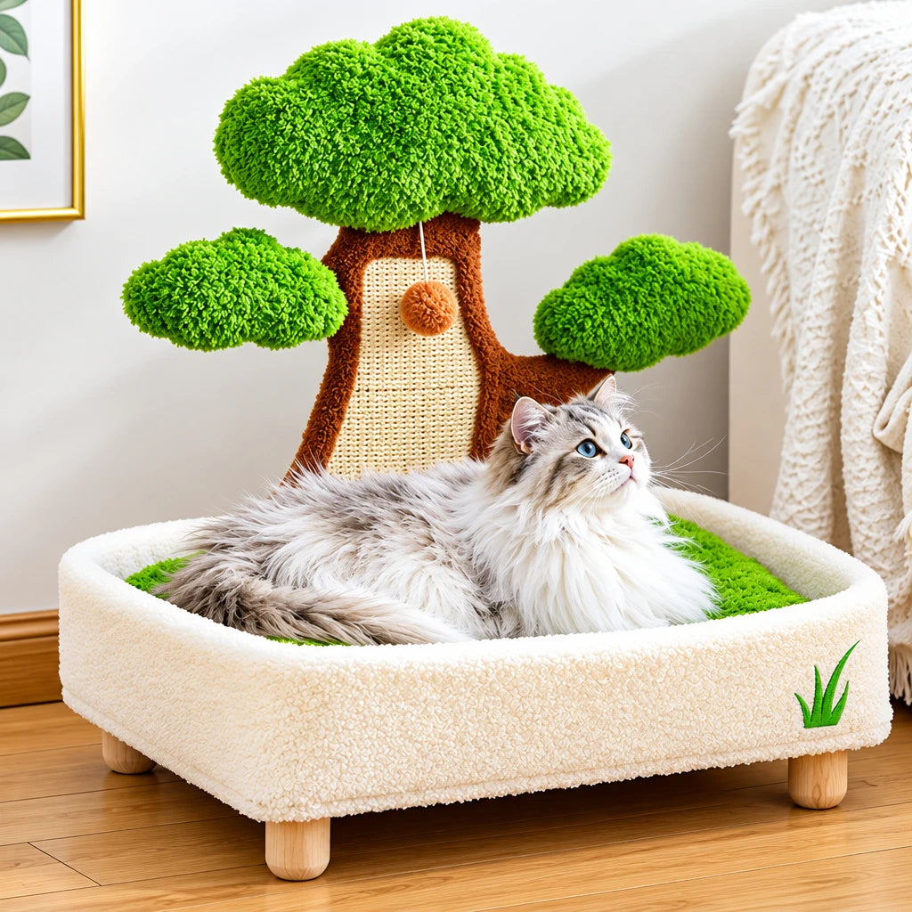 Pet Bed | Tree Shape Cat Scratching Board and Bed | Green and White