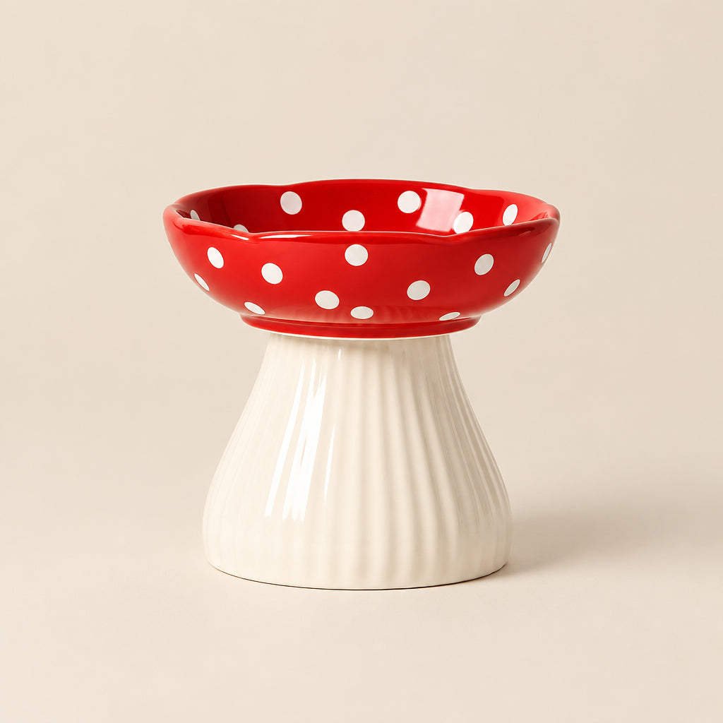 Pet Bowl | Pet Elevated Ceramic Mushroom Bowl | Red and White