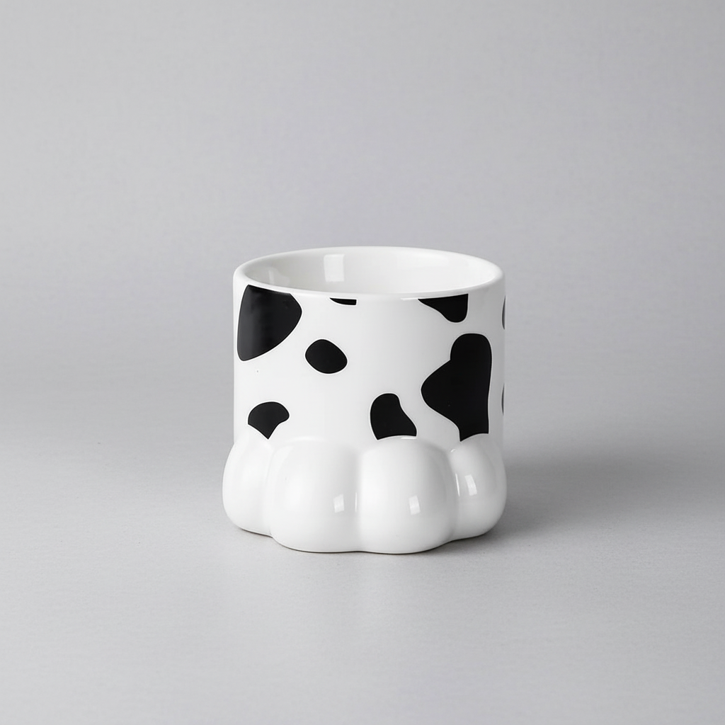 A white ceramic mug shaped like a cow paw, decorated with black cow print spots, set against a solid light gray background.