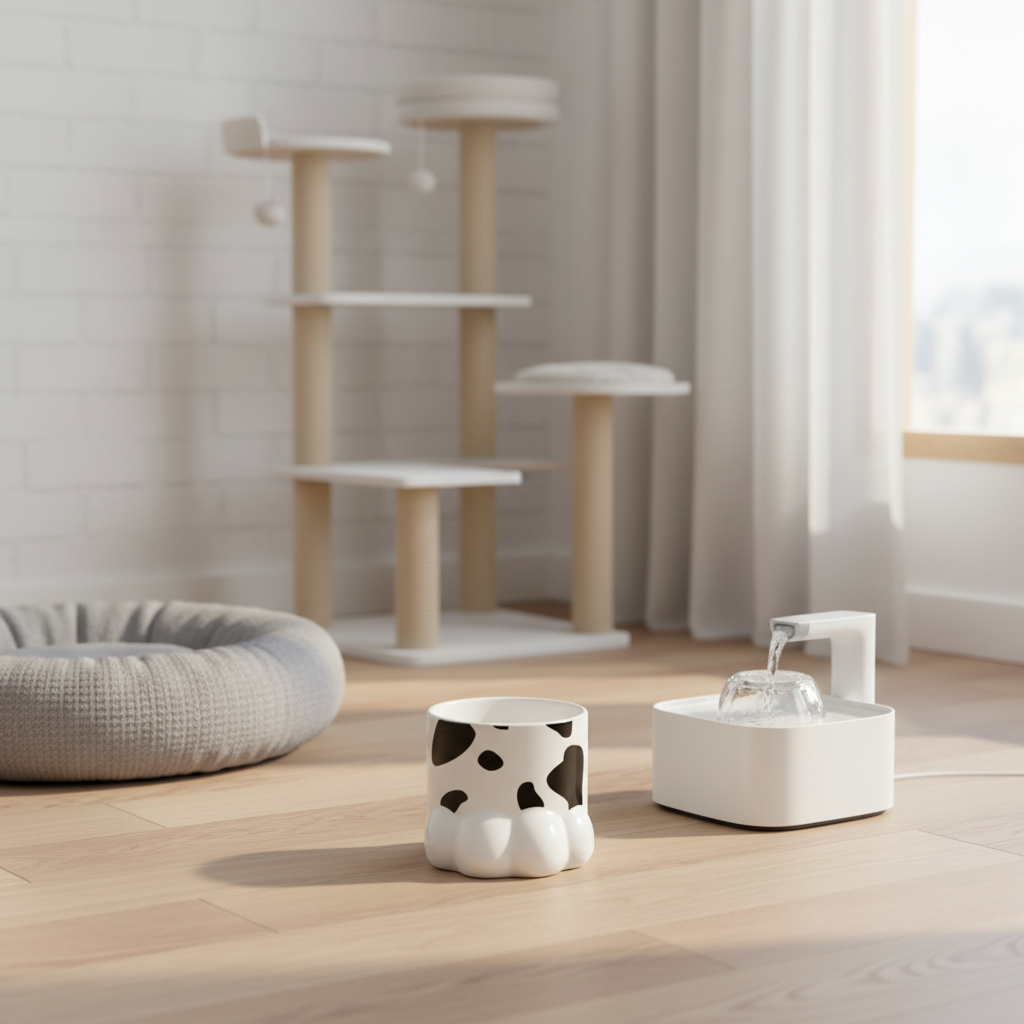 Pet Bowl | Paw Shaped Ceramic Cat Food Bowl | White and Black