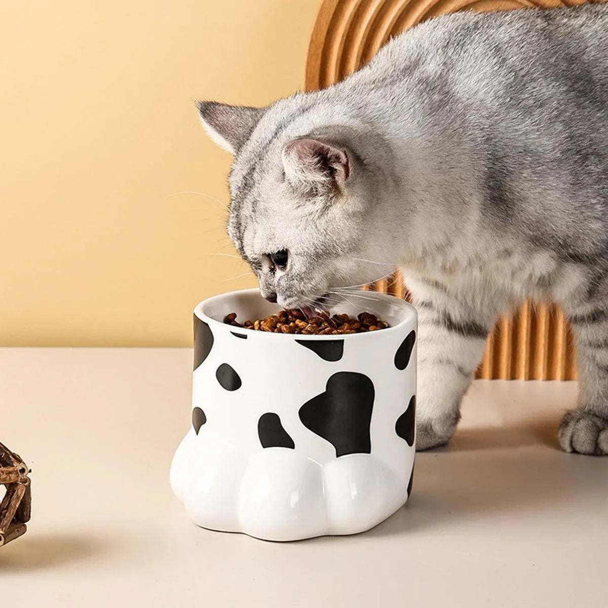 Pet Bowl | Paw Shaped Ceramic Cat Food Bowl | White and Black