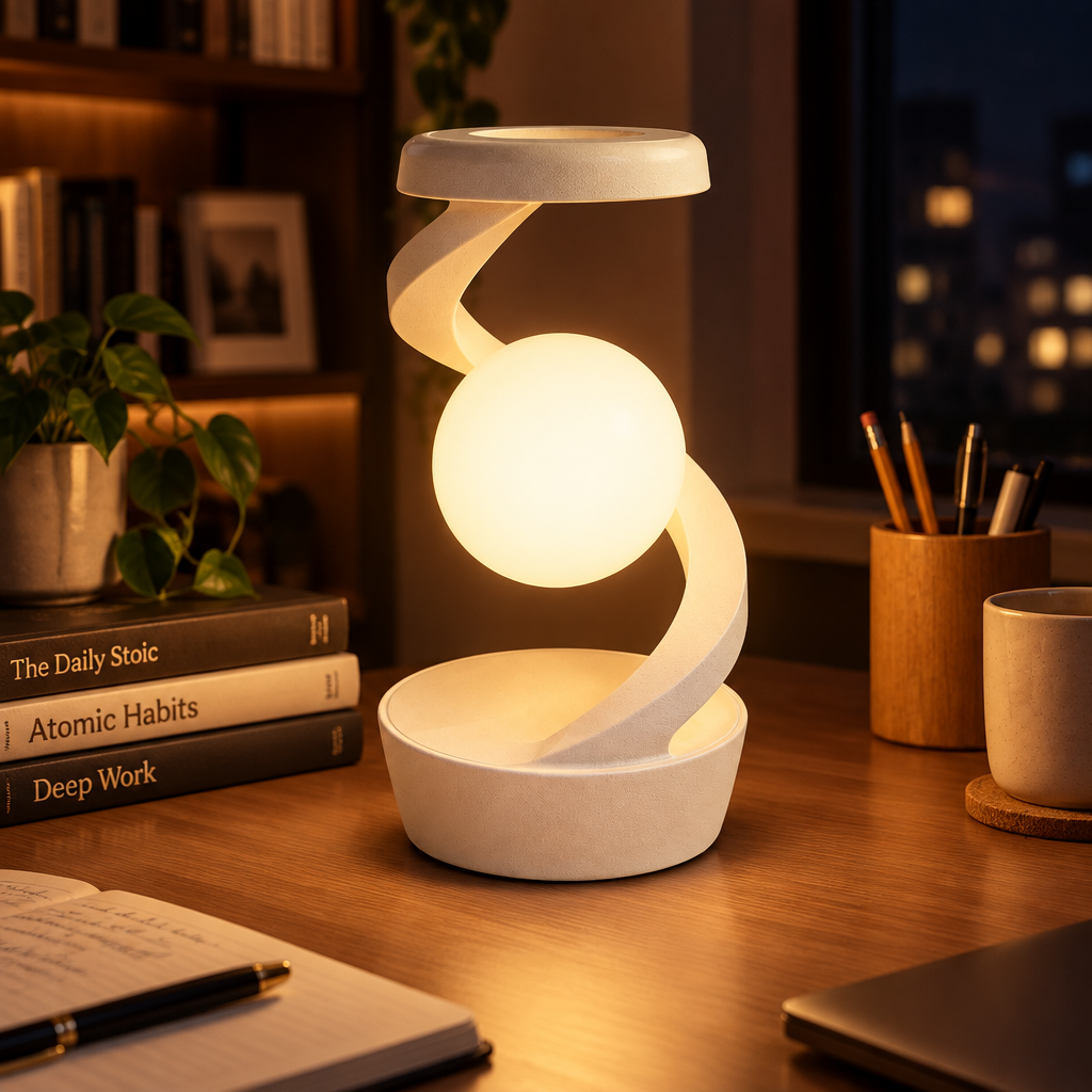 Lighting | Levitating LED Desk Lamp with Wireless Phone Charger | White