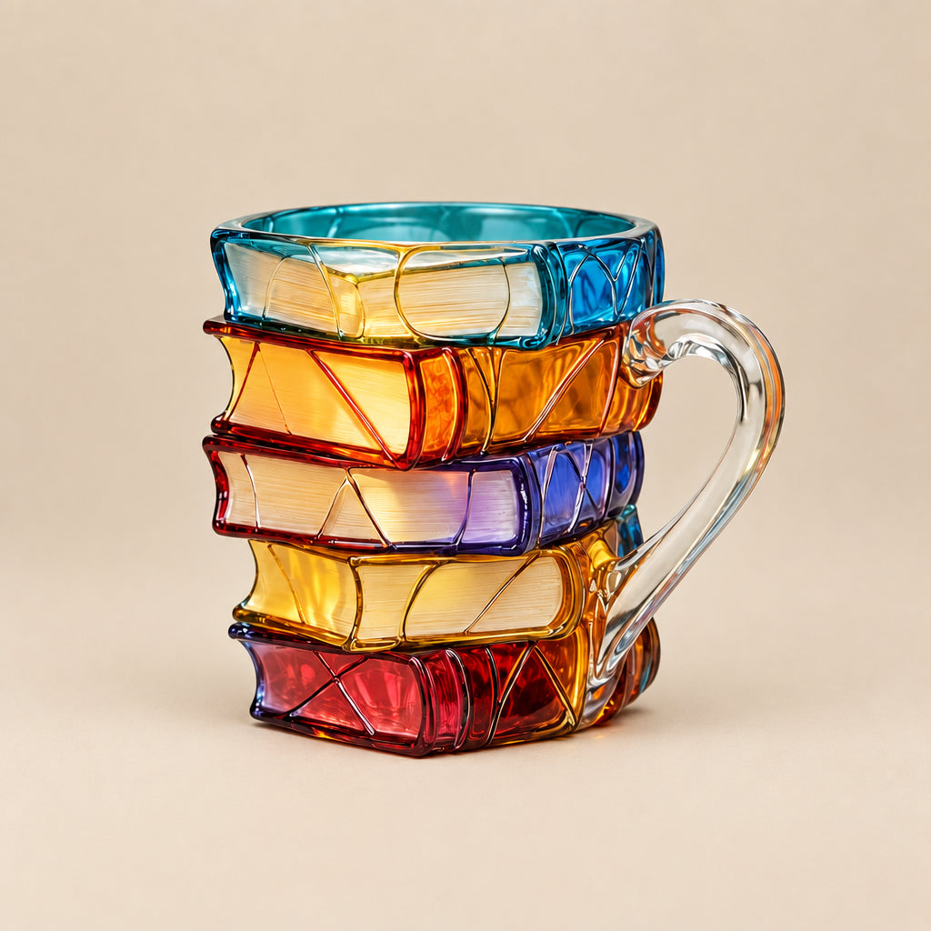 A novelty glass mug designed to look like a stack of colorful hardcover books, featuring a clear glass handle and a stained-glass style pattern with blue, orange, yellow, and red tones, set against a plain white background.