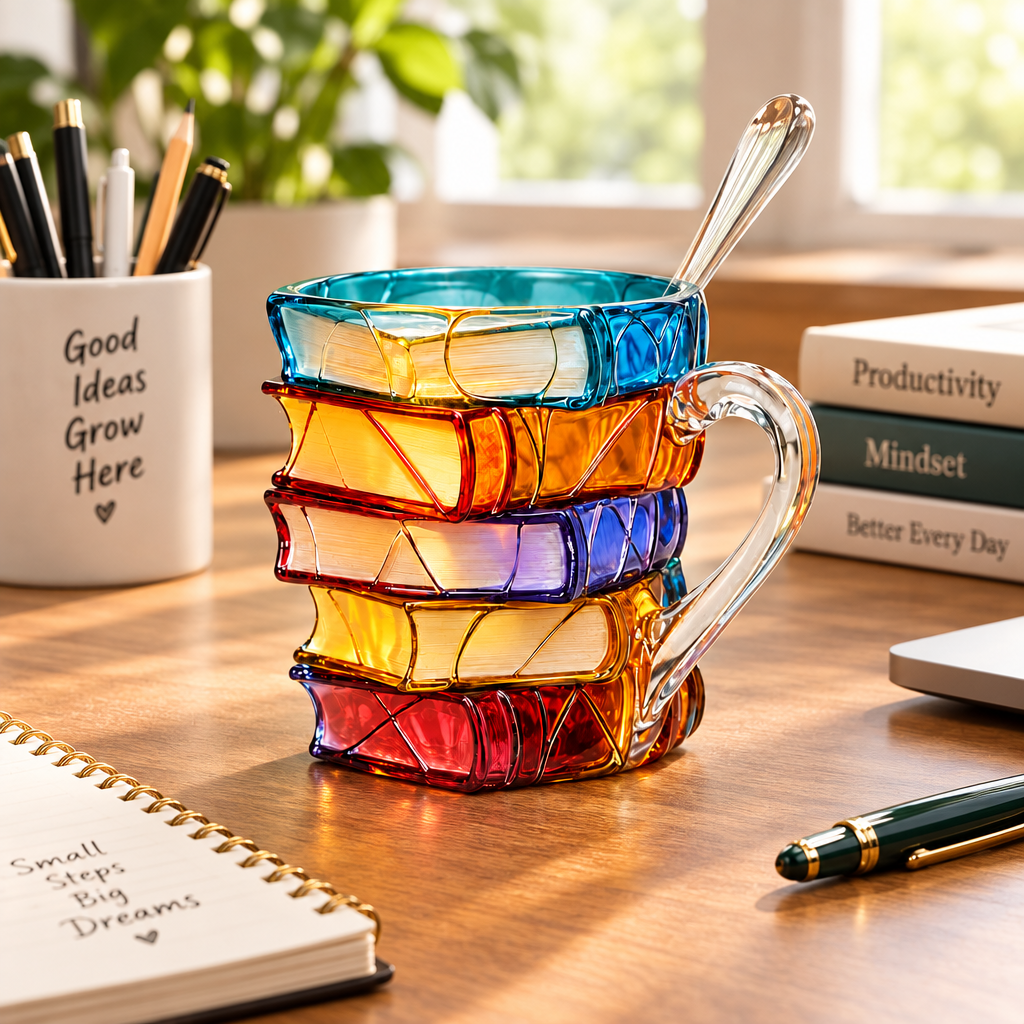Mug | 3D Book Stack Resin Mug with Spoon | Multi-coloured
