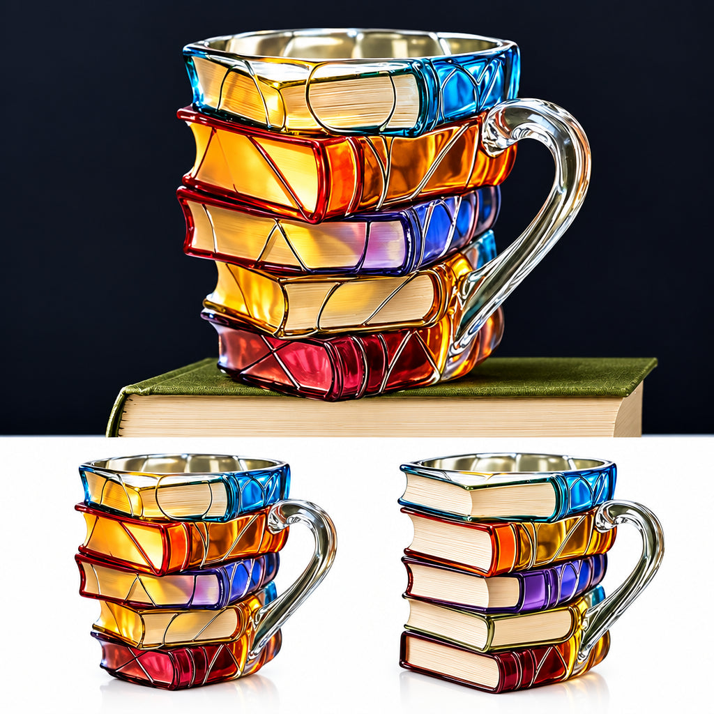Colorful glass mug stacked on books with a dark background