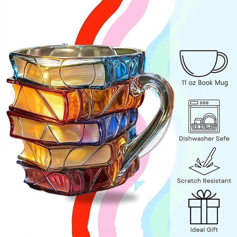 Colorful glass book-shaped mug with text on dishwasher safety, scratch resistance, and gift suitability.
