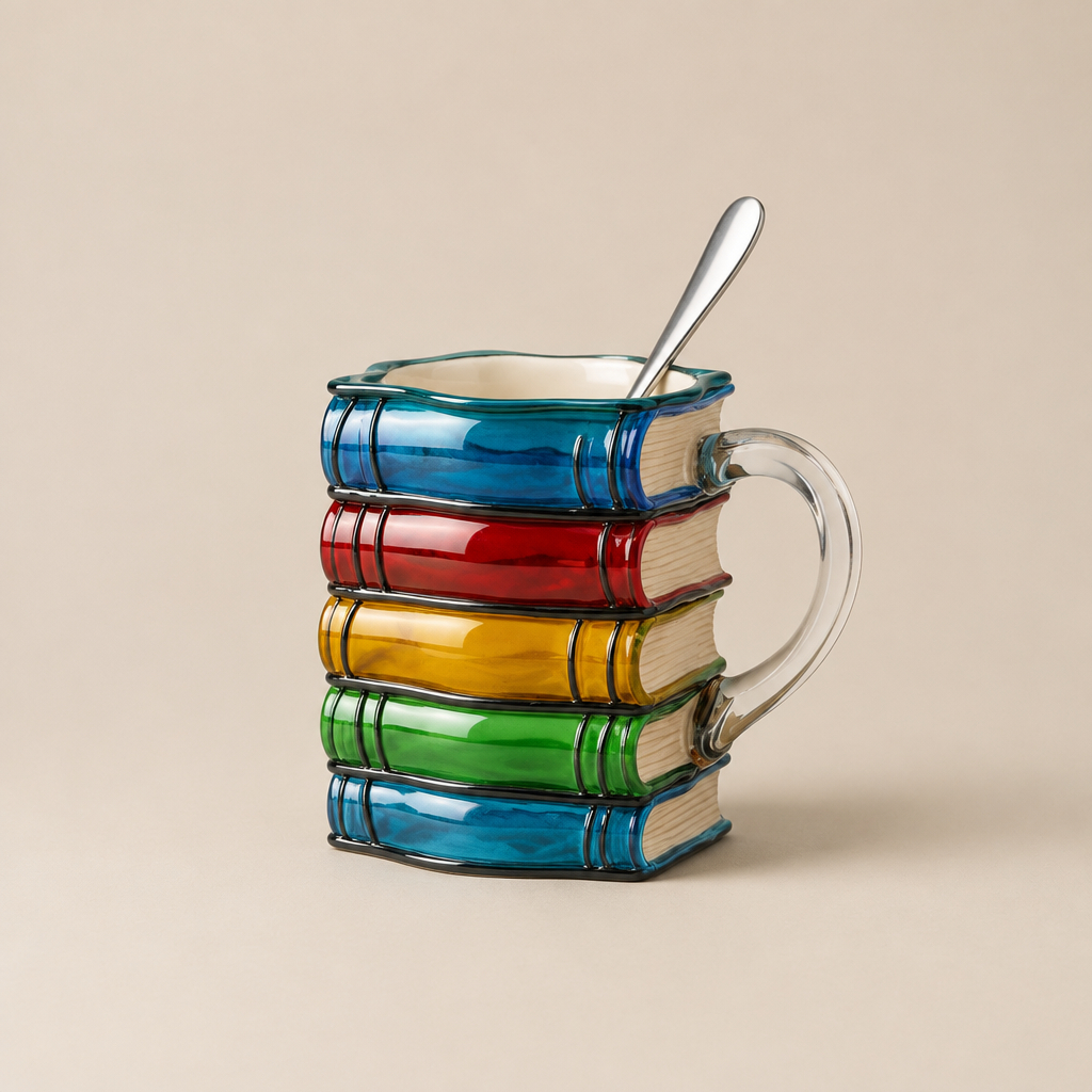 A novelty ceramic mug shaped like a stack of five colorful hardcover books with a clear glass handle, set against a neutral light gray background.