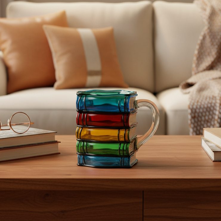 Mug | 3D Book Stack Resin Mug with Spoon | Colourful
