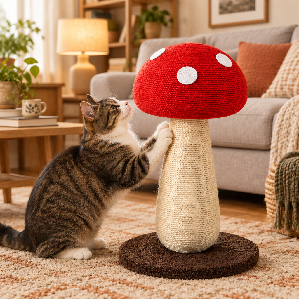 Cat Scratcher | Red Mushroom Cat Tree Scratching Post | Red and White