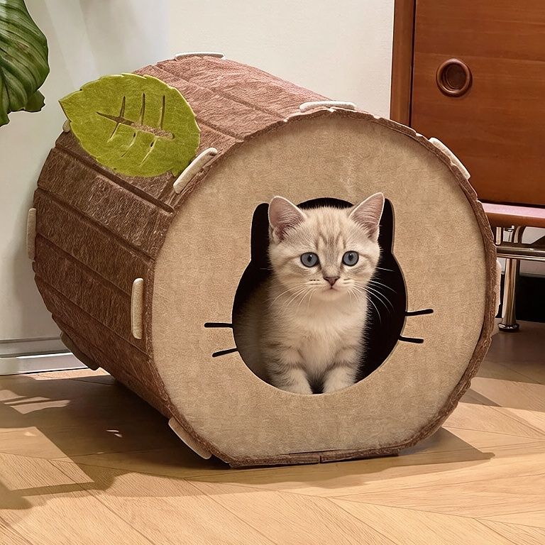 Pet Bed | Tree Log Felt Cat Cave | Brown
