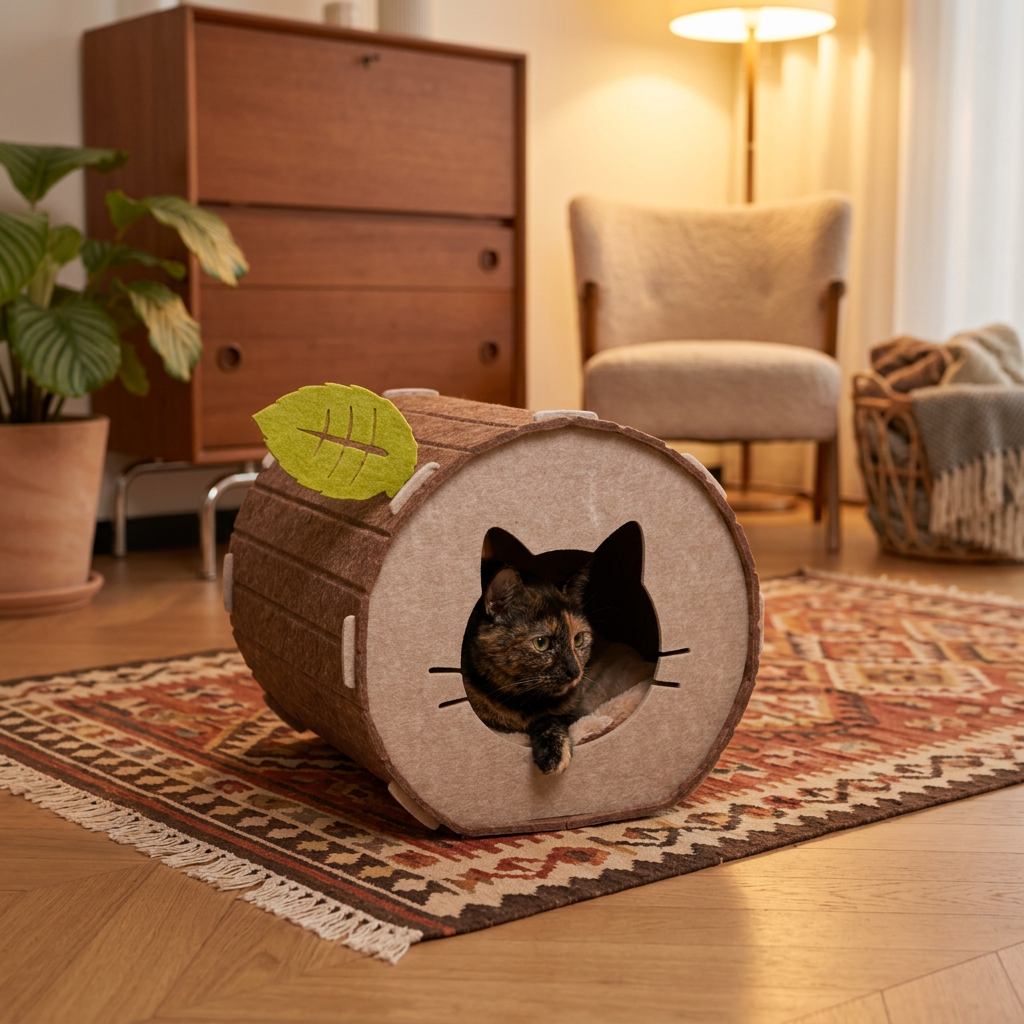 Pet Bed | Tree Log Felt Cat Cave | Brown