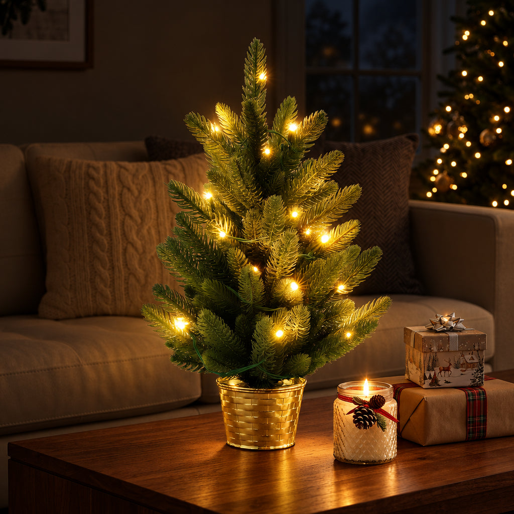 A small artificial Christmas tree with warm white string lights in a gold pot, placed on a wooden coffee table in a living room setting with wrapped gifts and a couch in the background.