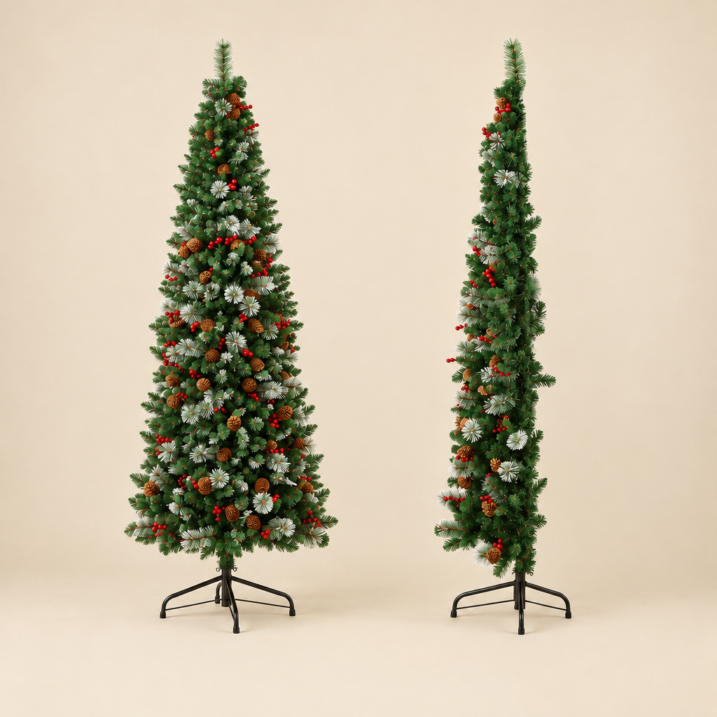 Two artificial Christmas trees on black metal stands, one tall and one short, decorated with white snow-like foliage, red berries, and pinecones, set against a solid beige background.